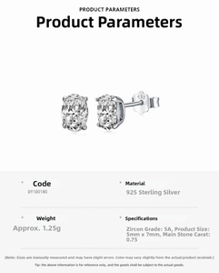Detailed specs for 925 sterling silver oval-cut 5A zircon stud earrings (5x7mm)