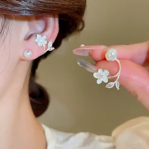 Flower Leaf Stud Earrings For Women With Zircon Shell Petals Artificial Pearl And 925 Sterling Silver Earring Post