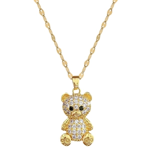Elegant gold titanium steel necklace with a glittering bear pendant inlaid with white crystals