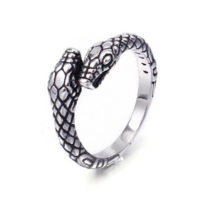 Vintage stainless steel double snake ring with scale textures and CD engraving side view