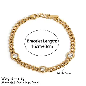 Gold Cuban chain bracelet made of stainless steel with three sparkling zircon stones
