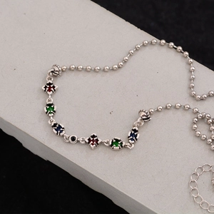 Retro silver bead chain necklace with colorful zircon marquise stones on stone base