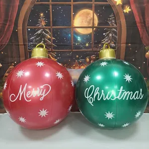 Set of large red and green inflatable Christmas balls with Merry Christmas star patterns