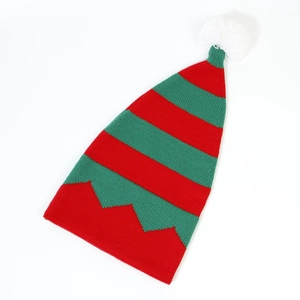Knitted Christmas elf hat with red and green stripes and white pom-pom on white background