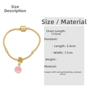 Detail view of 17.5cm gold bracelet with 2.6cm pink enamel daisy pendant and zircon inlay