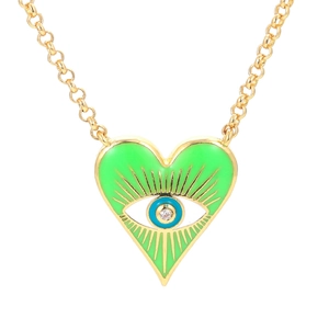 Golden heart necklace with green enamel evil eye pendant and zircon on white background