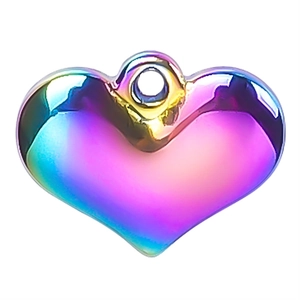 Macro view of heart-shaped stainless steel pendant with iridescent metallic finish