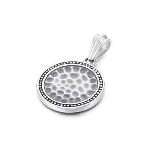 Retro hammered texture stainless steel round pendant necklace with beaded border detail