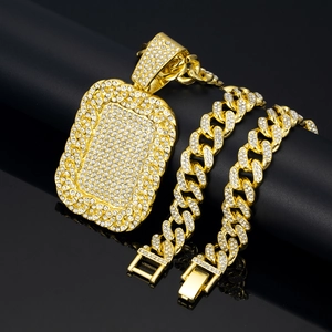 Hip hop gold plated Cuban chain necklace with iced out rectangle dog tag pendant