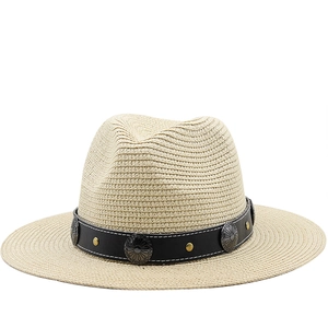 Unisex Straw Fedora Hat Paper Breathable Sun Protection Wide Brim Faux Leather Band Western Style Summer Beach Travel