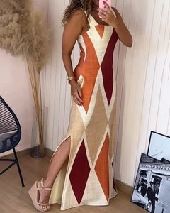 Detail of color-block dress with high side slit and geometric linen-textured fabric