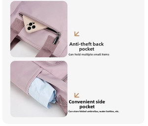 Detail showing anti-theft rear zipper pocket and side pocket for umbrella and phone