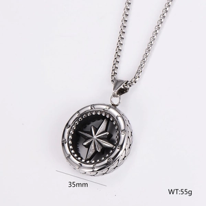Detail of silver compass pendant on box chain with 35mm diameter and 55g weight