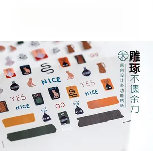 Macro shot of 5D thin nail art stickers featuring graffiti cats and hand-drawn patterns KX025