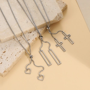 Adjustable silver titanium geometric necklaces with heart, rectangle and cross pendants
