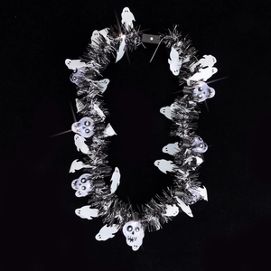Glow Halloween necklace with LED skull lights and ghost cutouts on a black wire