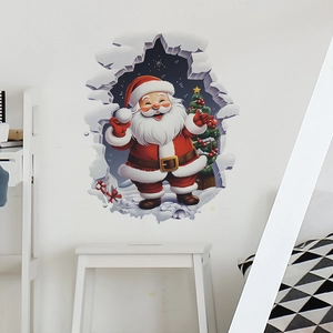 Creative 3D Christmas wall sticker with Santa Claus and tree on a white wall decor