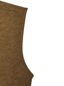 Detailed close-up of brown faux suede fabric texture with high-quality double stitching