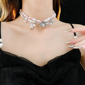 French style double-layer pearl necklace with metallic flowers and teardrop pendant