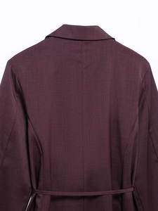 Rear view of a burgundy satin waist-tie shirt with a textured finish and matching belt