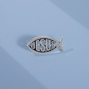 Retro silver hollow Jesus fish brooch with stylish metal engraving and lettering