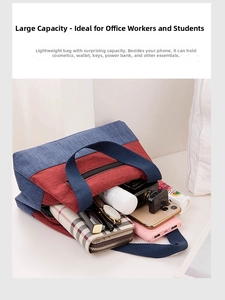 Top view of color-block canvas lunch bag showing spacious interior with personal items