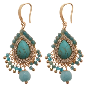 Bohemian gold-tone drop earrings with turquoise center, clear crystals and beaded tassels