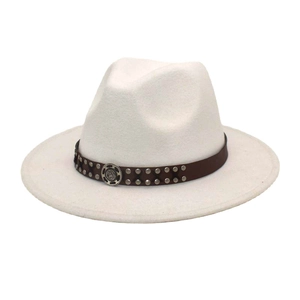 Detail of white fedora hat with brown leather band, silver studs and vintage metal buckle