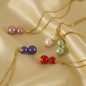 Collana in acciaio inossidabile placcata oro 18k con ciondolo hulu a doppia perla in 5 colori