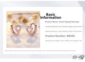 Detail view of heart-shaped hoop earrings in rose gold with AAA zircon stones and size info
