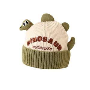 Cute kids dinosaur knitted hat with embroidery and 3D plush spikes in cream and green
