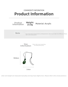 Detail view of a green acrylic teardrop pendant necklace with exact size and weight specs