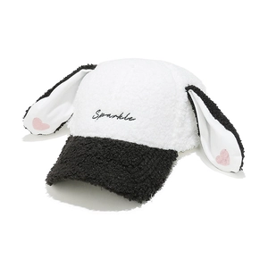 Detail of bunny ear baseball cap with Sparkle embroidery and pink heart accents