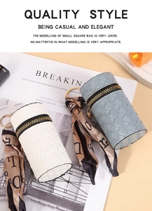 Chic cylinder coin purse in woven texture leather with floral silk scarf accessory