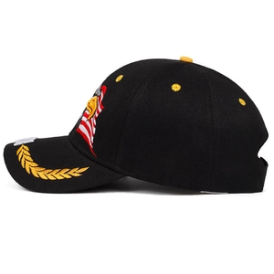 Detail of American eagle and flag embroidery on a black cotton baseball cap side view