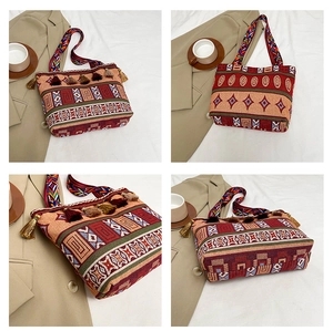 Detailed multi-angle views of an ethnic woven tote bag with colorful geometric patterns
