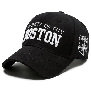Black cotton baseball cap featuring Boston city embroidery and distressed brim details