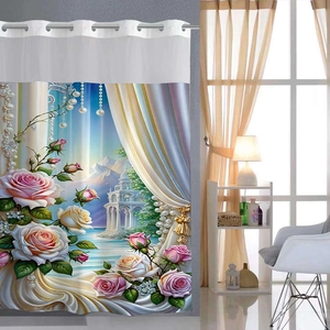 Detail of 3D rose and pearl print on double-layer waterproof polyester shower curtain