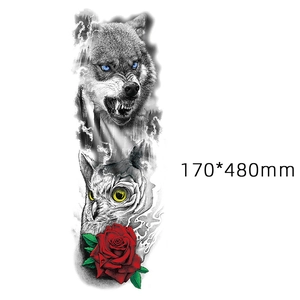 Full arm temporary tattoo with wolf, owl, and red rose designs, 170x480mm size