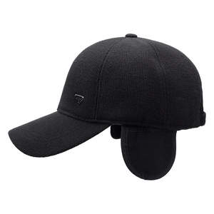 Men's winter baseball cap with ear flaps and waffle knit texture in black