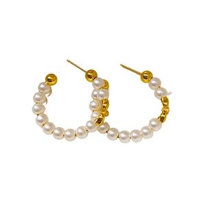 French vintage 18K gold plated pearl stud earrings with semi-circular metal design