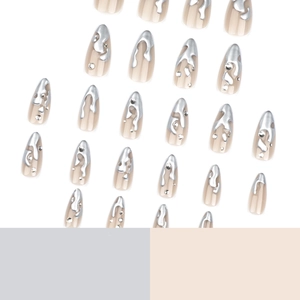 3D silver liquid metal press-on nails in nude pink with rhinestones, long coffin shape