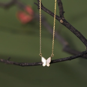 S925 sterling silver butterfly pendant necklace with white shell on golden chain