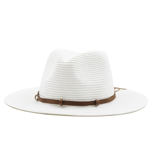 White woven straw cowboy hat with brown leather band and metallic ring accent