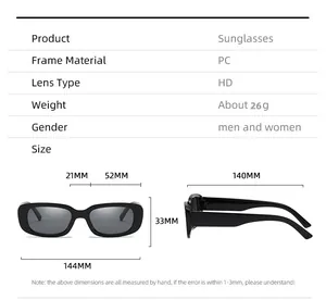 Detailed size specifications for rectangular PC sunglasses with HD lenses and 144mm frame width