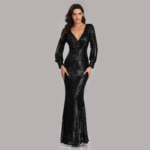 Elegant black sequin evening gown with deep V-neck, long sleeves and fishtail skirt design