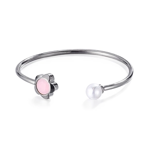 Elegant C-shaped open bracelet with pink flower crystal and white pearl on silver metal