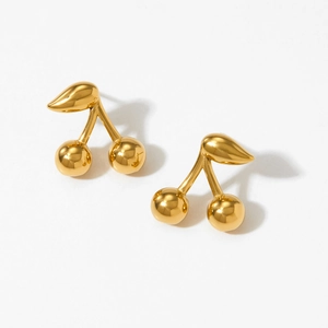 Polished golden cherry shaped stainless steel stud earrings for women in minimalist style