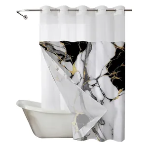 Rideau de douche imperméable à motif marbre doré avec maille blanche en haut