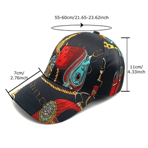 Women's black floral print baseball cap with chain pattern and size dimensions